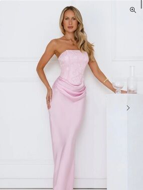 strapless pink satin maxi dress